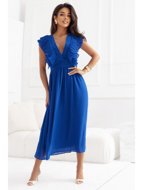 numoco Миди рокля YANA с плисирани волани и деколте - тъмносиня