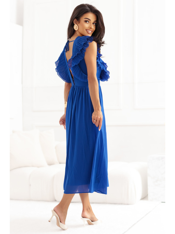 numoco Миди рокля YANA с плисирани волани и деколте - тъмносиня