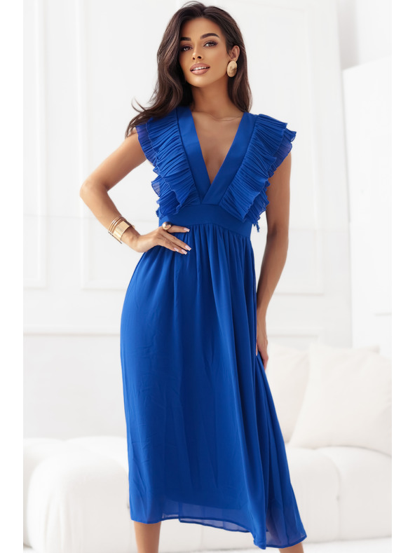 numoco Миди рокля YANA с плисирани волани и деколте - тъмносиня