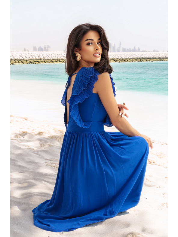 numoco Миди рокля YANA с плисирани волани и деколте - тъмносиня