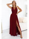 numoco Дълга рокля LEA с дантелено деколте и цепка - винено червена