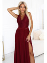 numoco Дълга рокля LEA с дантелено деколте и цепка - винено червена