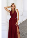 numoco Дълга рокля LEA с дантелено деколте и цепка - винено червена