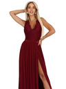 numoco Дълга рокля LEA с дантелено деколте и цепка - винено червена