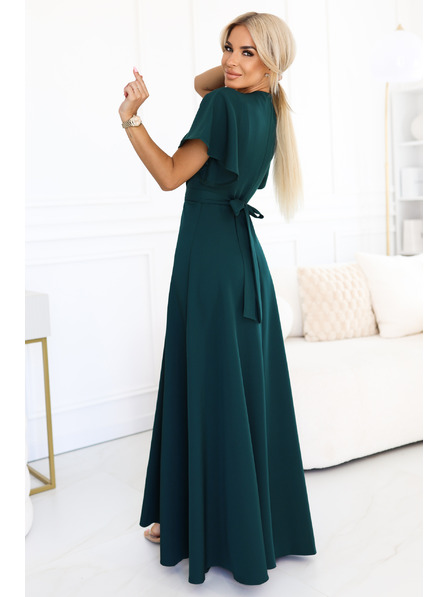 numoco Дълга рокля JENNIFER с цепка - тъмнозелена