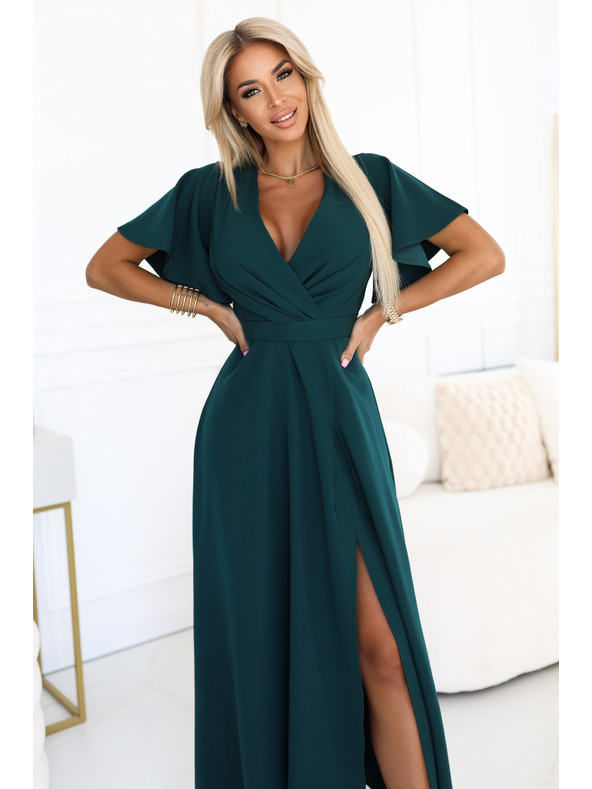 numoco Дълга рокля JENNIFER с цепка - тъмнозелена