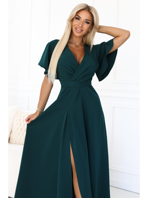 numoco Дълга рокля JENNIFER с цепка - тъмнозелена