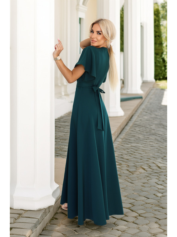 numoco Дълга рокля JENNIFER с цепка - тъмнозелена