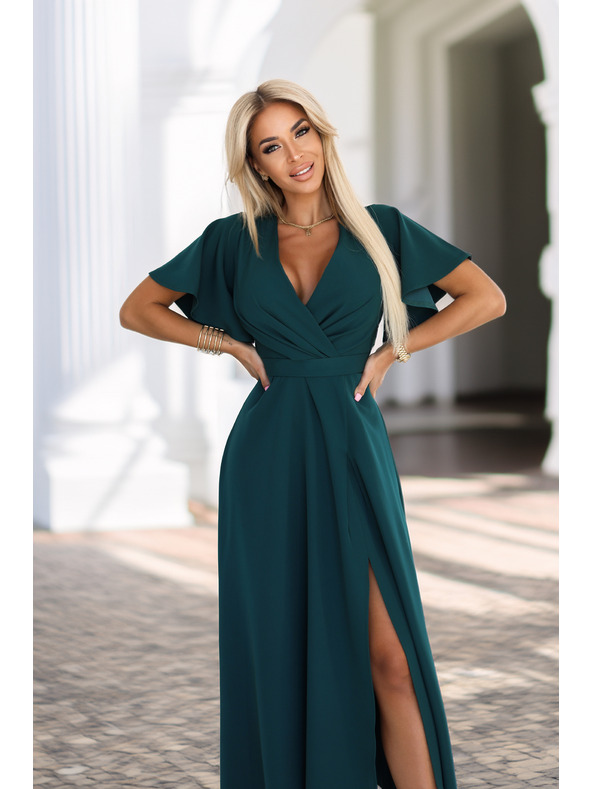 numoco Дълга рокля JENNIFER с цепка - тъмнозелена
