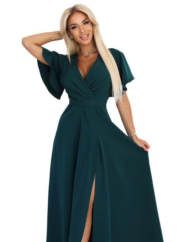 numoco Дълга рокля JENNIFER с цепка - тъмнозелена