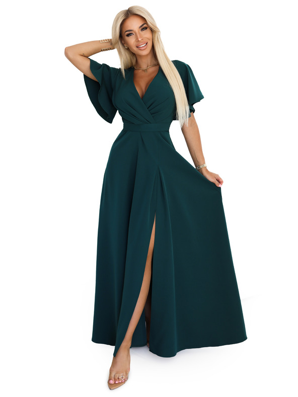 numoco Дълга рокля JENNIFER с цепка - тъмнозелена