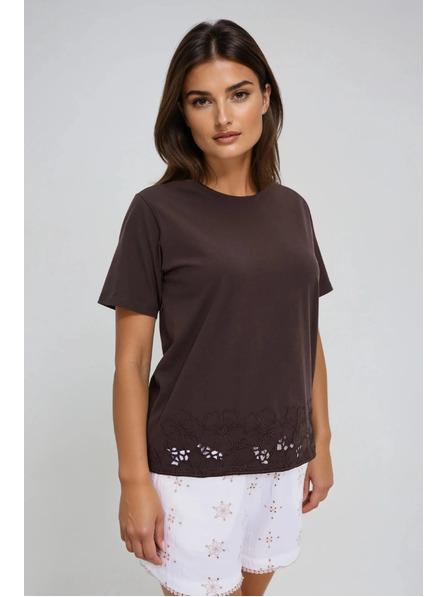 Moodo Дамски кафяв топ с мадейра кант