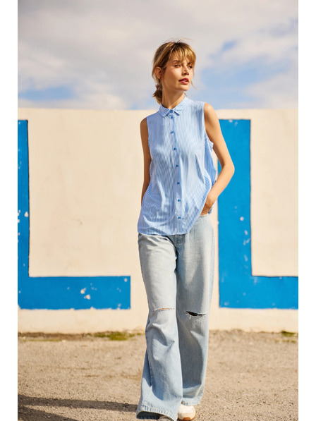 Moodo Синьо-бяла раирана риза без ръкави