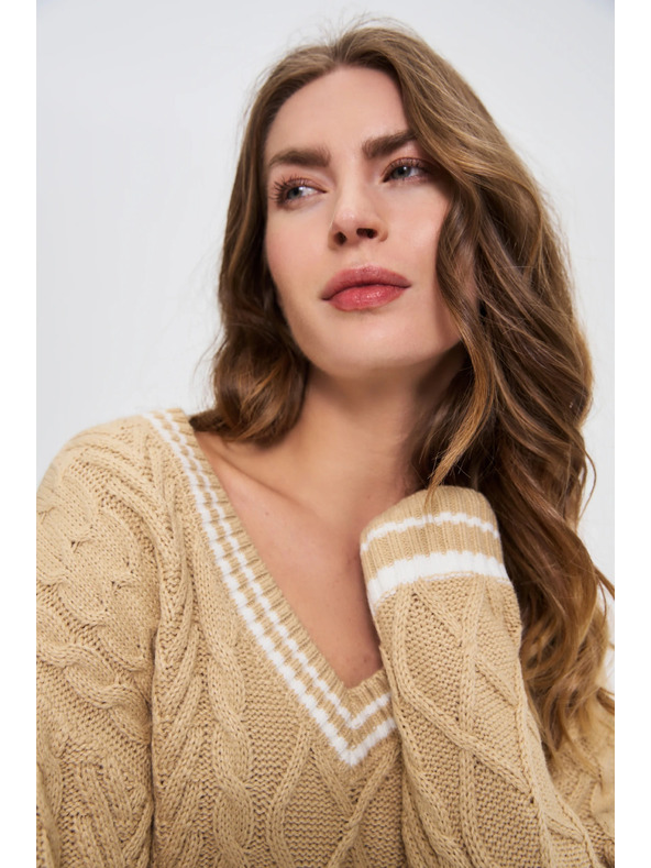 Moodo Дамски бежов суитшърт с V-образно деколте Moodo