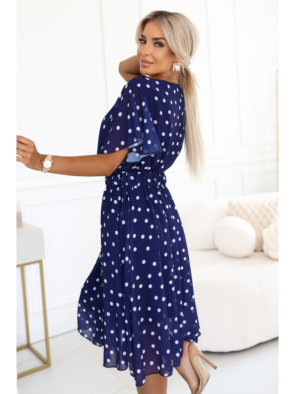 numoco Тъмносини рокли с бели точки, с преплитащо деколте и декоративен колан