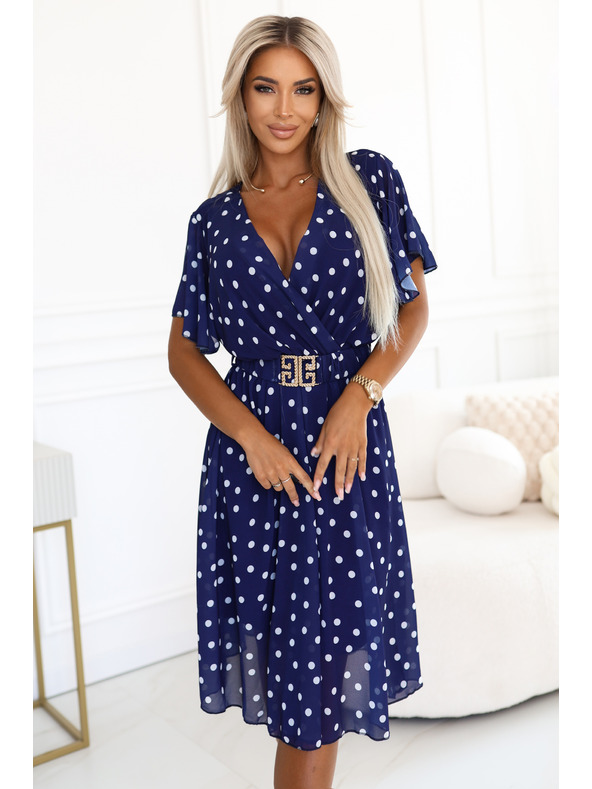 numoco Тъмносини рокли с бели точки, с преплитащо деколте и декоративен колан