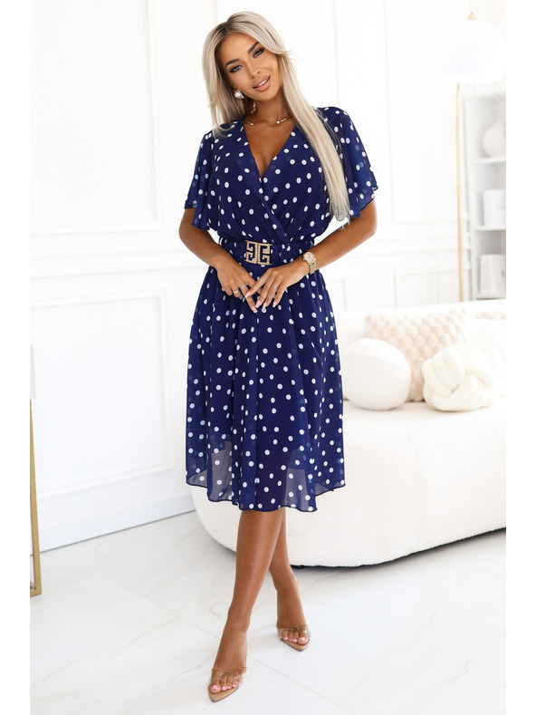 numoco Тъмносини рокли с бели точки, с преплитащо деколте и декоративен колан