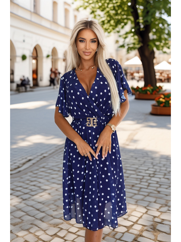 numoco Тъмносини рокли с бели точки, с преплитащо деколте и декоративен колан