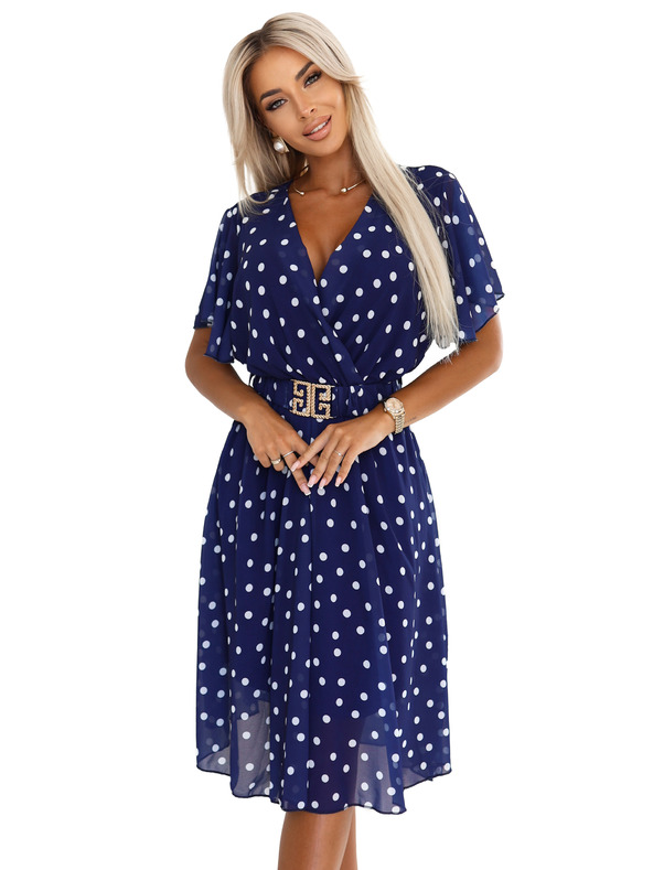 numoco Тъмносини рокли с бели точки, с преплитащо деколте и декоративен колан