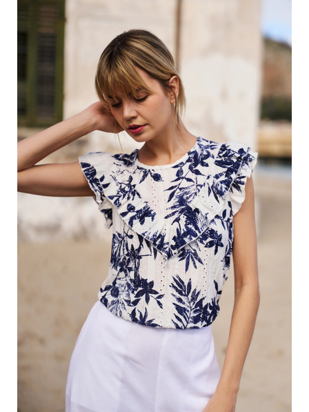 Moodo Дамска тениска Moodo – бяла с сини цветя