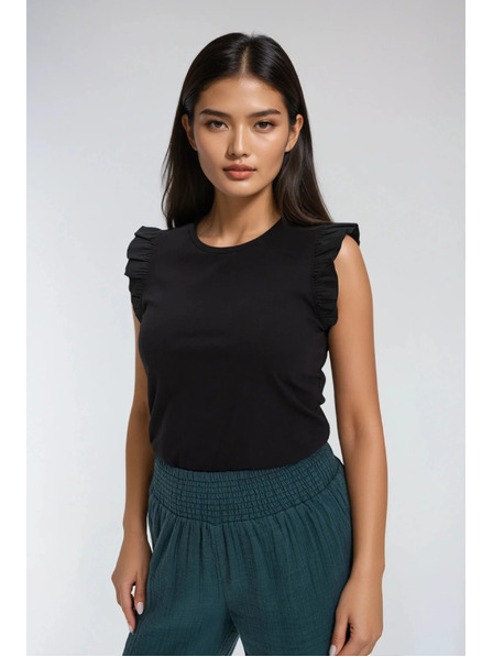 Moodo Дамска черна памучна тениска с воали