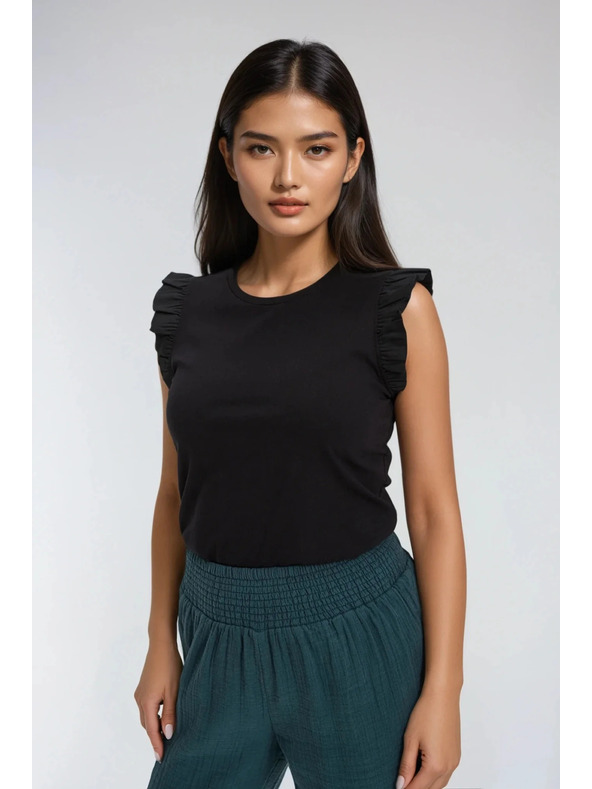 Moodo Дамска черна памучна тениска с воали