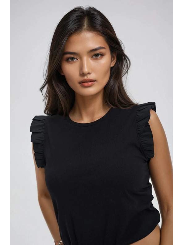 Moodo Дамска черна памучна тениска с воали