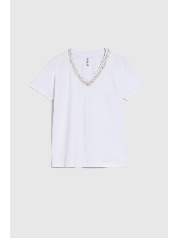 Moodo Дамска тениска с декориран деколте – бяла