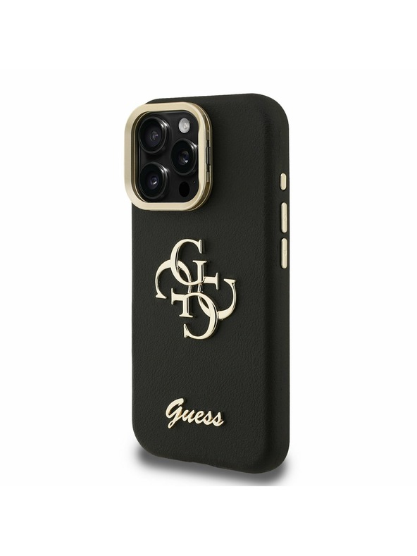 Guess Guess PU Grained 4G Logo Stand Camera Frame Заден капак за iPhone 15 Pro Max Черно