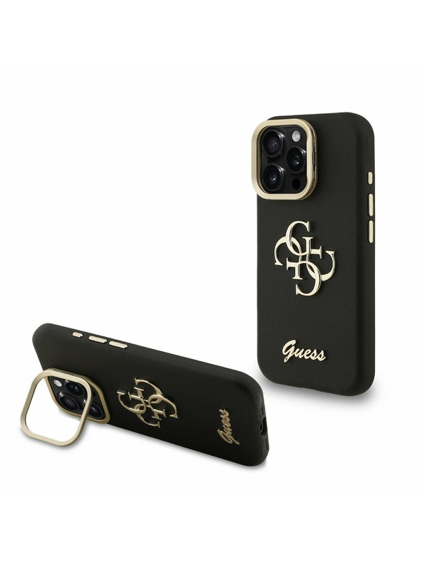 Guess Guess PU Grained 4G Logo Stand Camera Frame Заден капак за iPhone 15 Pro Черно