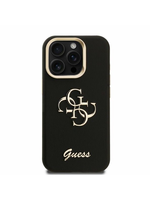 Guess Guess PU Grained 4G Logo Stand Camera Frame Заден капак за iPhone 15 Pro Черно