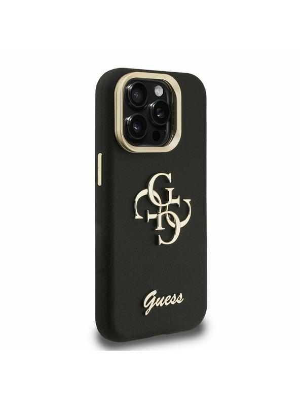 Guess Guess PU Grained 4G Logo Stand Camera Frame Заден капак за iPhone 15 Pro Черно
