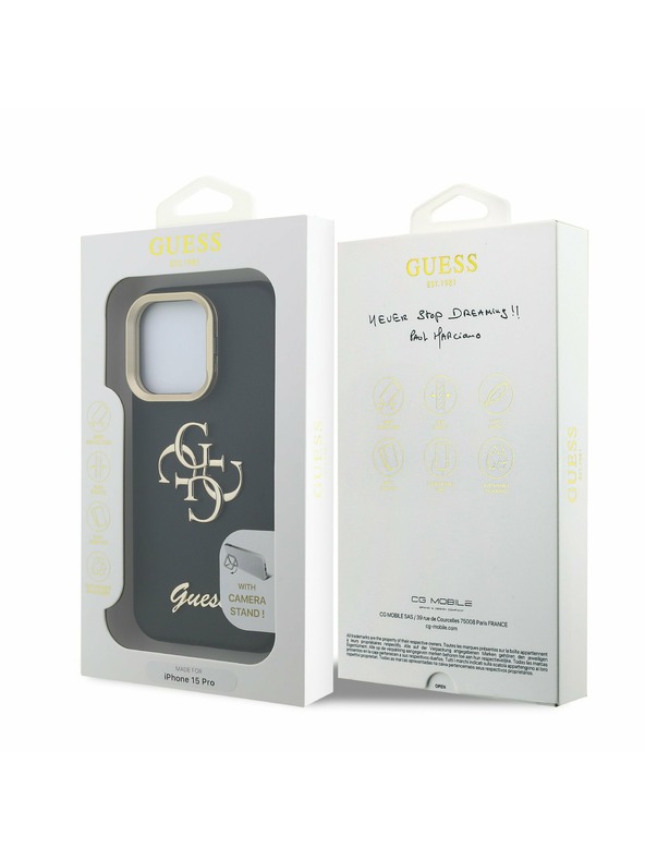 Guess Guess PU Grained 4G Logo Stand Camera Frame Заден капак за iPhone 15 Pro Черно