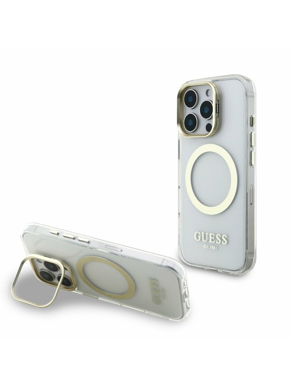 Guess Guess IML Gold Outline Stand Camera Frame MagSafe Заден капак за iPhone 16 Pro Прозрачно