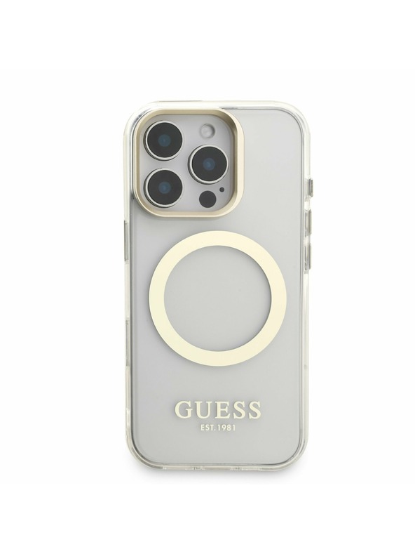 Guess Guess IML Gold Outline Stand Camera Frame MagSafe Заден капак за iPhone 16 Pro Прозрачно