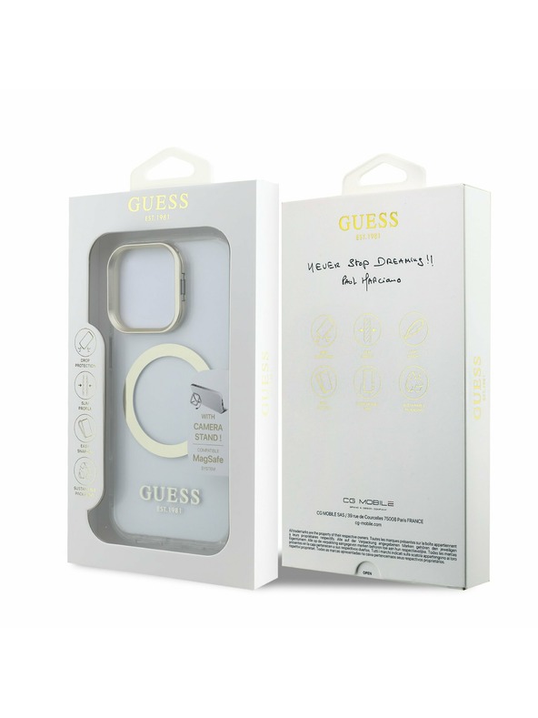 Guess Guess IML Gold Outline Stand Camera Frame MagSafe Заден капак за iPhone 16 Pro Прозрачно
