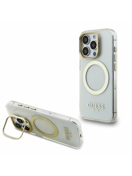 Guess Guess IML Gold Outline Stand Camera Frame MagSafe Заден капак за iPhone 15 Pro Max Прозрачно
