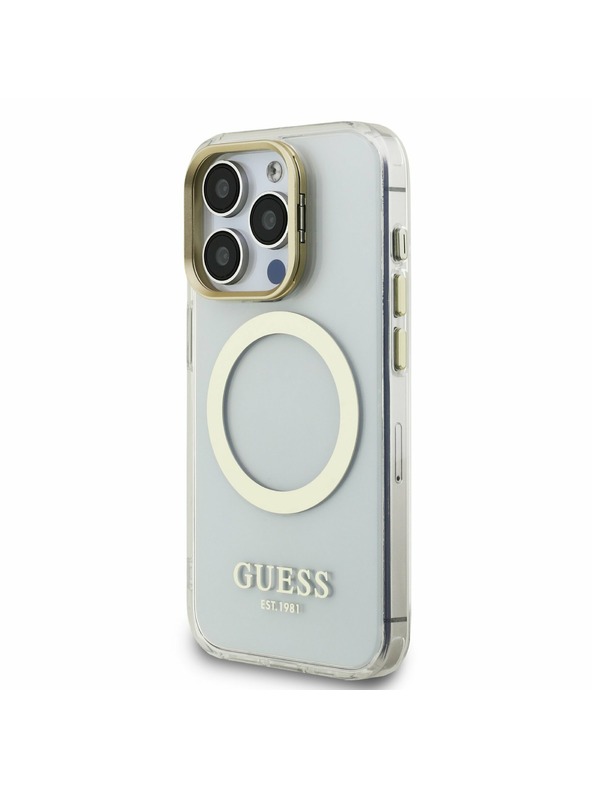 Guess Guess IML Gold Outline Stand Camera Frame MagSafe Заден капак за iPhone 15 Pro Max Прозрачно