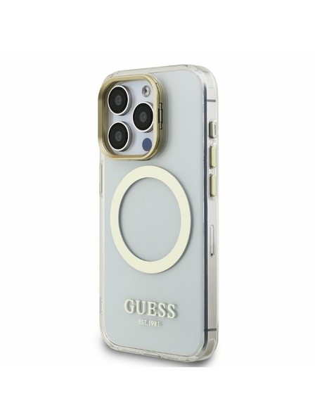 Guess Guess IML Gold Outline Stand Camera Frame MagSafe Заден капак за iPhone 15 Pro Max Прозрачно