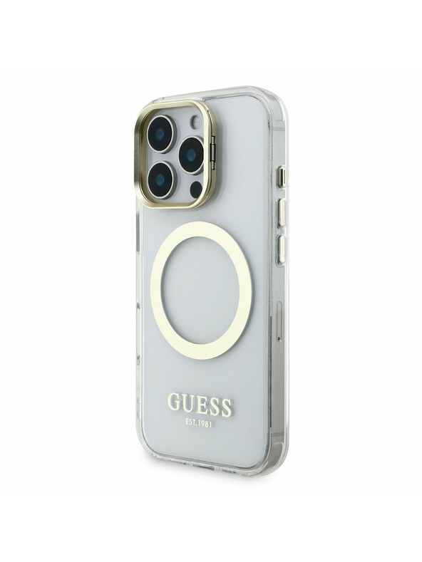 Guess Guess IML Gold Outline Stand Camera Frame MagSafe Заден капак за iPhone 16 Pro Max Прозрачно