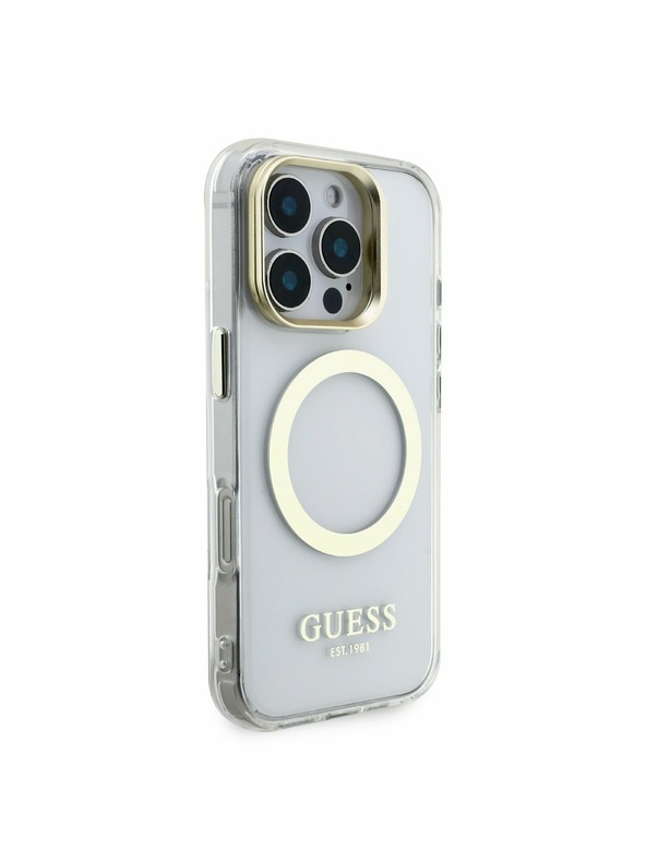 Guess Guess IML Gold Outline Stand Camera Frame MagSafe Заден капак за iPhone 16 Pro Max Прозрачно