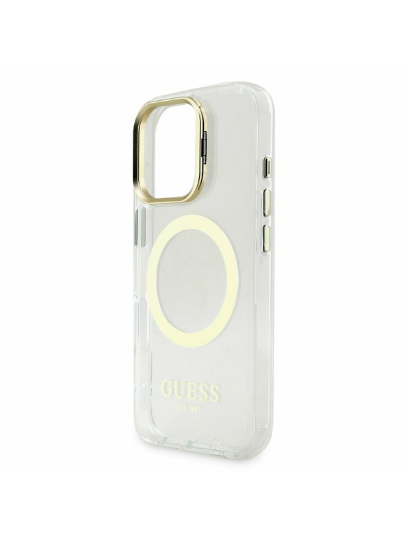 Guess Guess IML Gold Outline Stand Camera Frame MagSafe Заден капак за iPhone 16 Pro Max Прозрачно