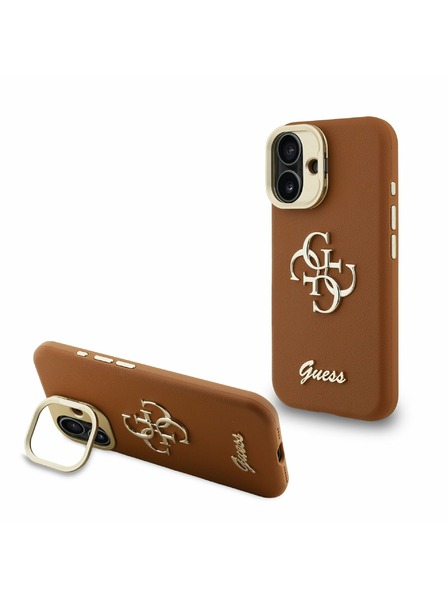 Guess Guess PU зърнест 4G лого стойка Camera Frame заден калъф за iPhone 16 кафяв