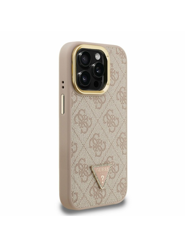 Guess Guess PU 4G Strass триъгълен лого стойка Camera Frame MagSafe заден калъф за iPhone 15 Pro розов