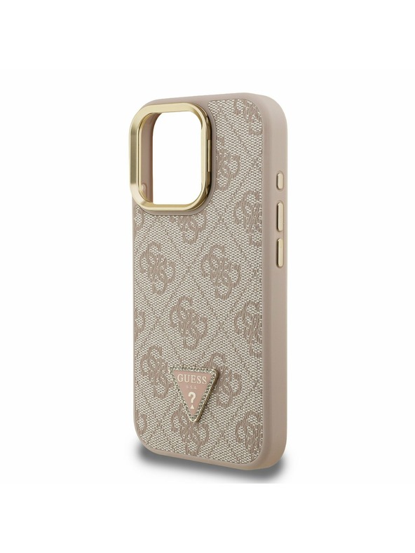 Guess Guess PU 4G Strass триъгълен лого стойка Camera Frame MagSafe заден калъф за iPhone 15 Pro розов