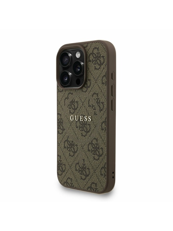 Guess Guess PU кожен 4G цветен пръстен каишка MagSafe заден калъф за iPhone 16 Pro кафяв