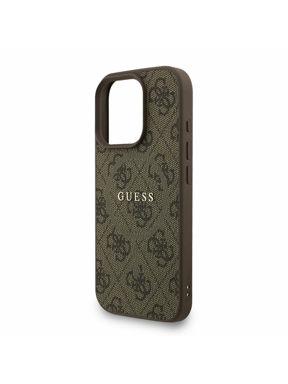 Guess Guess PU кожен 4G цветен пръстен каишка MagSafe заден калъф за iPhone 16 Pro кафяв