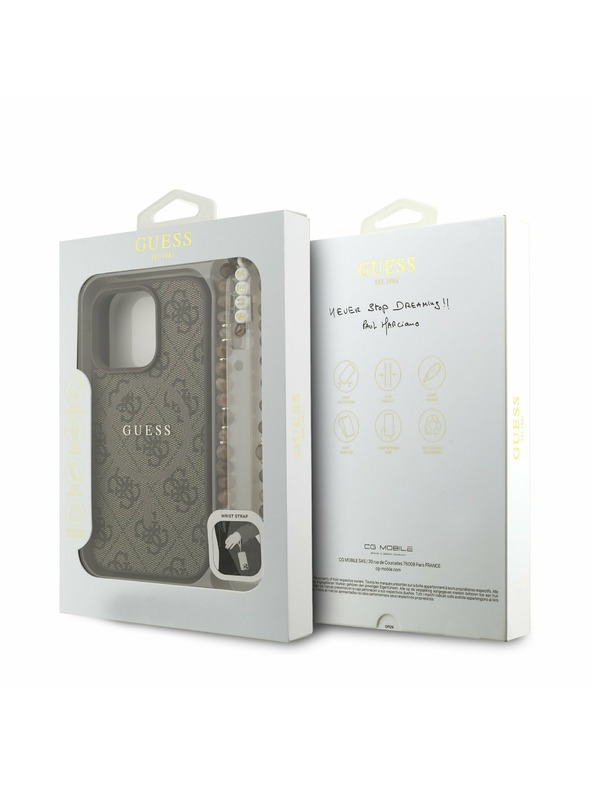 Guess Guess PU кожен 4G цветен пръстен каишка MagSafe заден калъф за iPhone 16 Pro кафяв