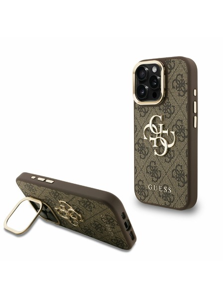 Guess Guess PU 4G метален лого стойка Camera Frame заден калъф за iPhone 16 Pro Max кафяв
