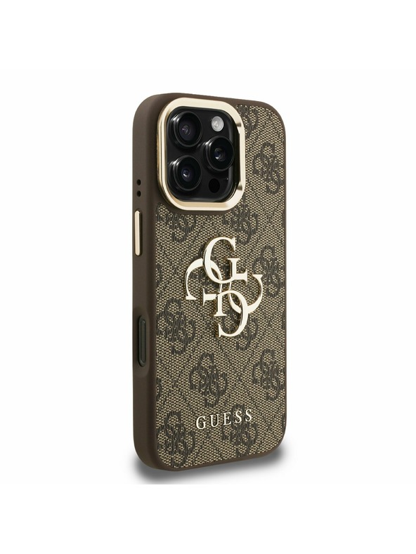 Guess Guess PU 4G метален лого стойка Camera Frame заден калъф за iPhone 16 Pro кафяв